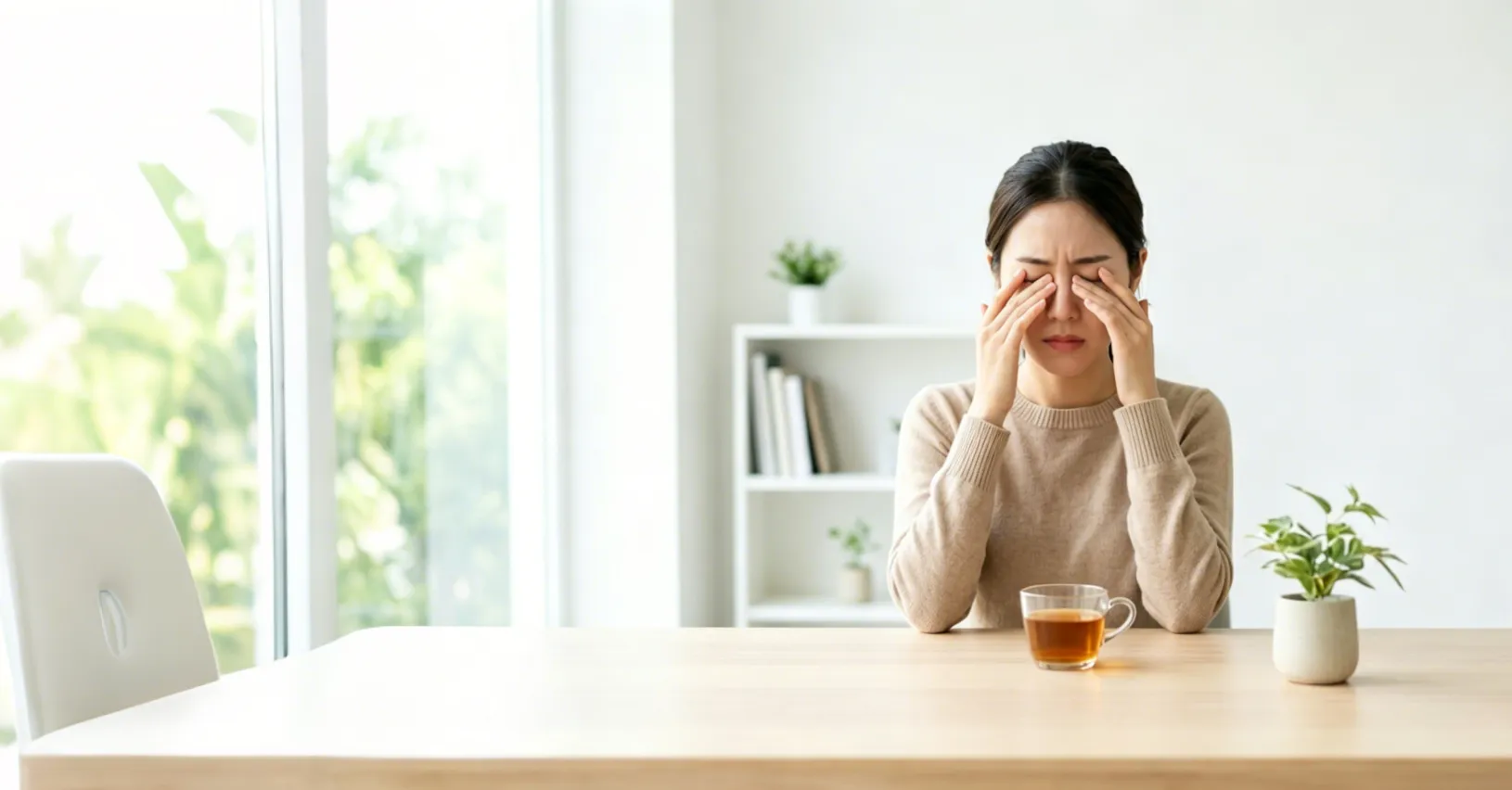 A person rubbing their eyes in a bright workspace, illustrating reduced eye strain during extended viewing.