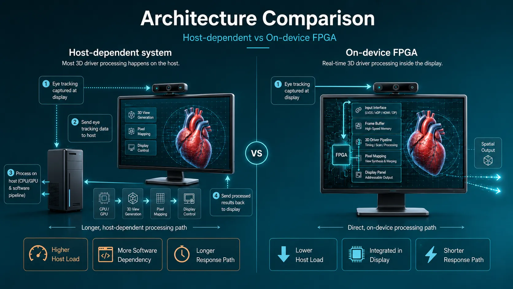 Architecture diagram contrasting host round-trip latency with a display-side FPGA pipeline that keeps eye-tracking response close to the screen
