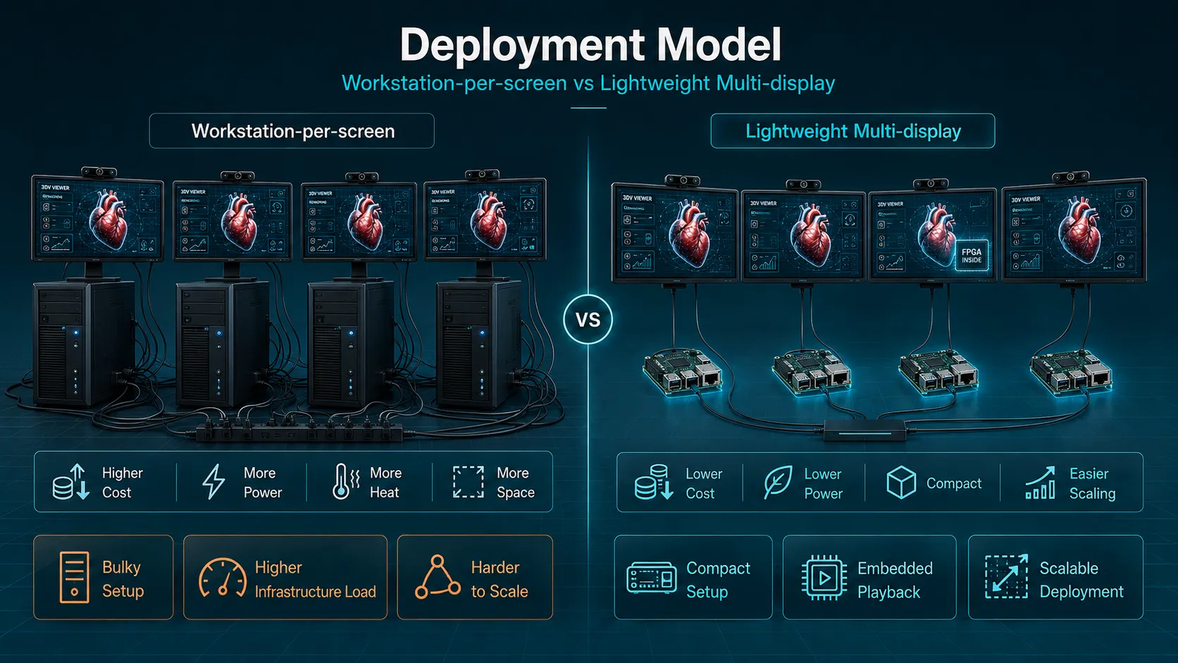 Deployment comparison between workstation-heavy glasses-free 3D setups and lower-footprint FPGA-on-device deployments