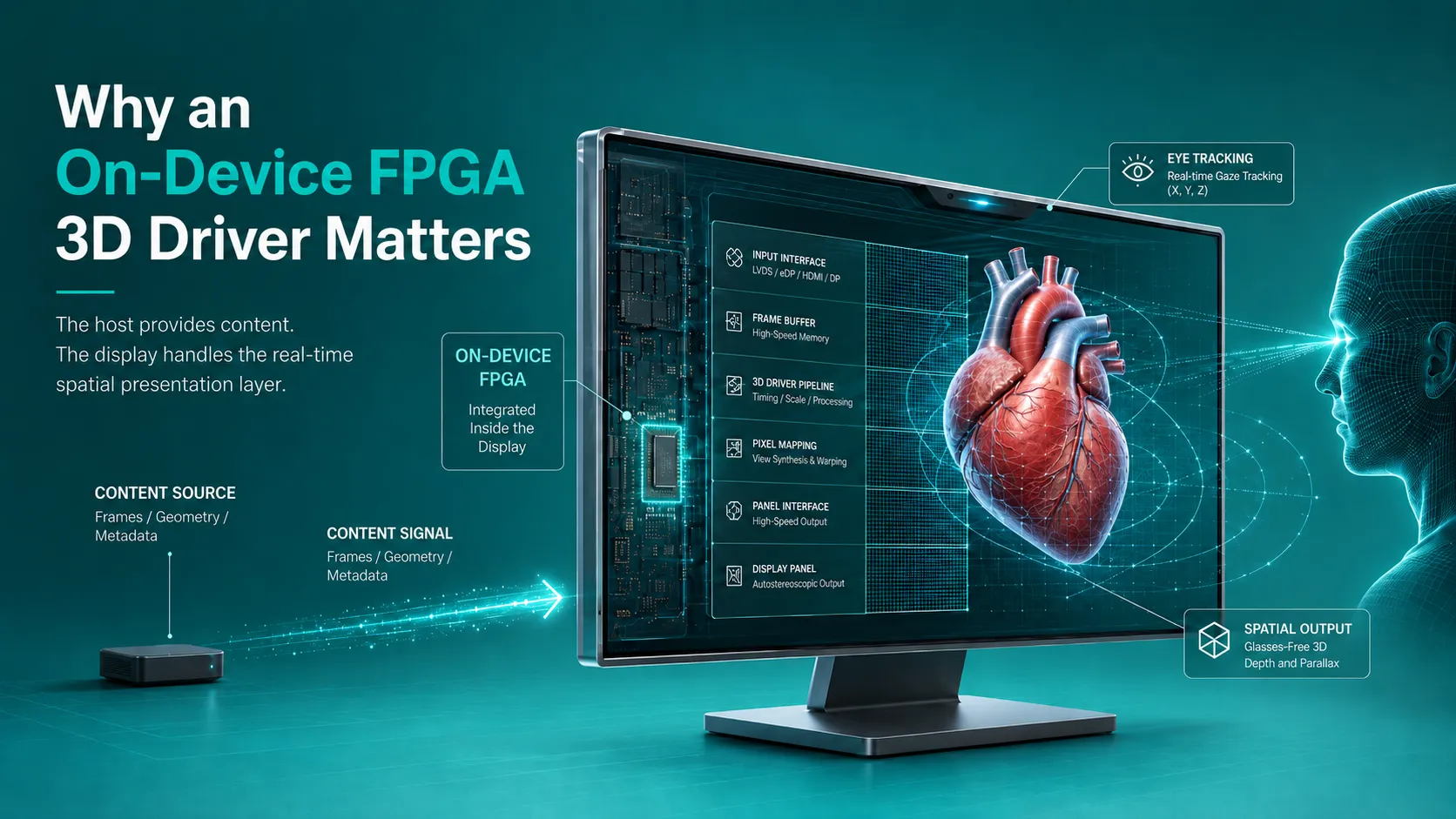 Illustration of a glasses-free 3D display pipeline where the FPGA keeps timing-critical mapping inside the device