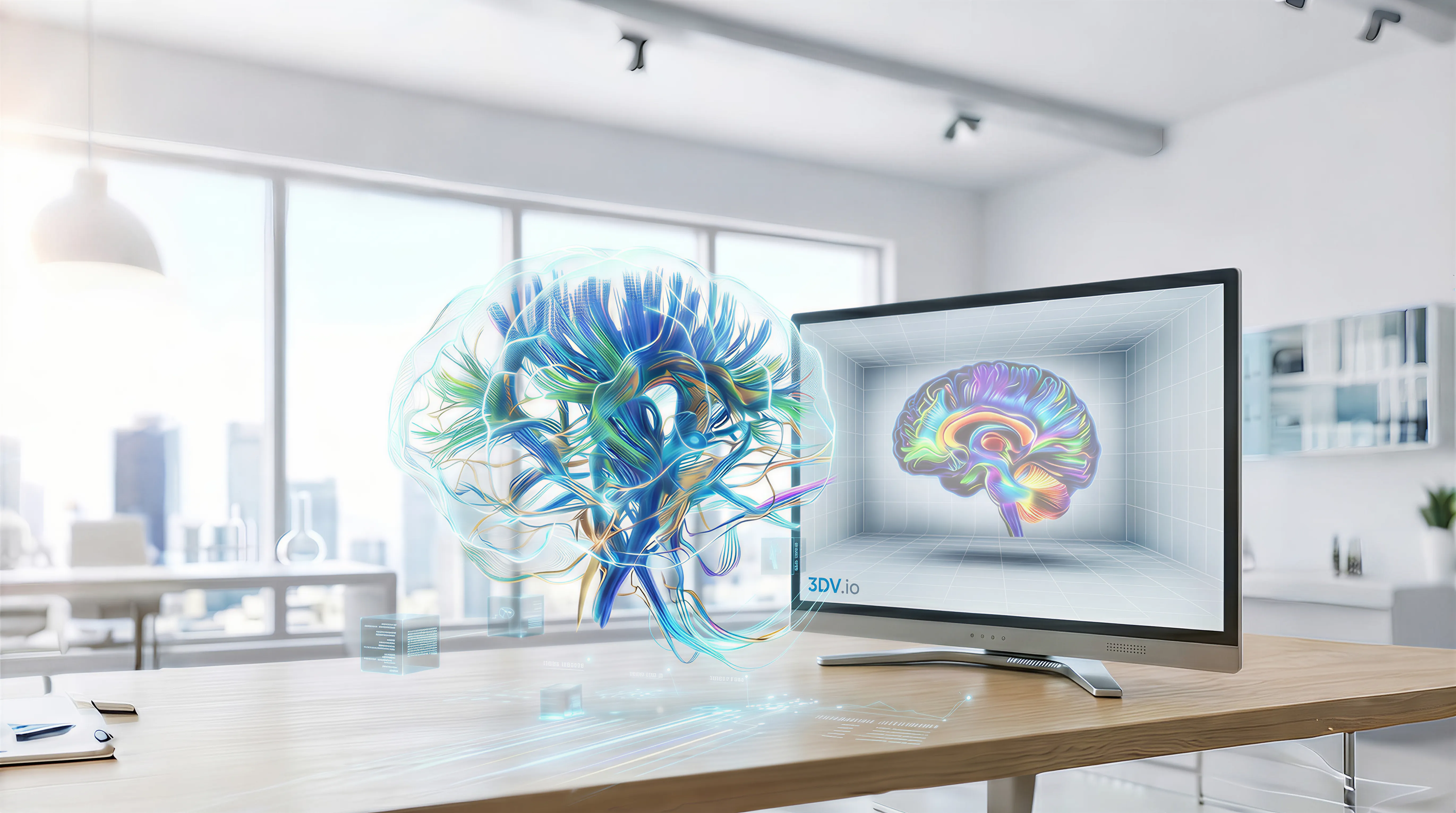 3D Spatial Display showing a floating 3D brain visualization in a bright medical workspace.