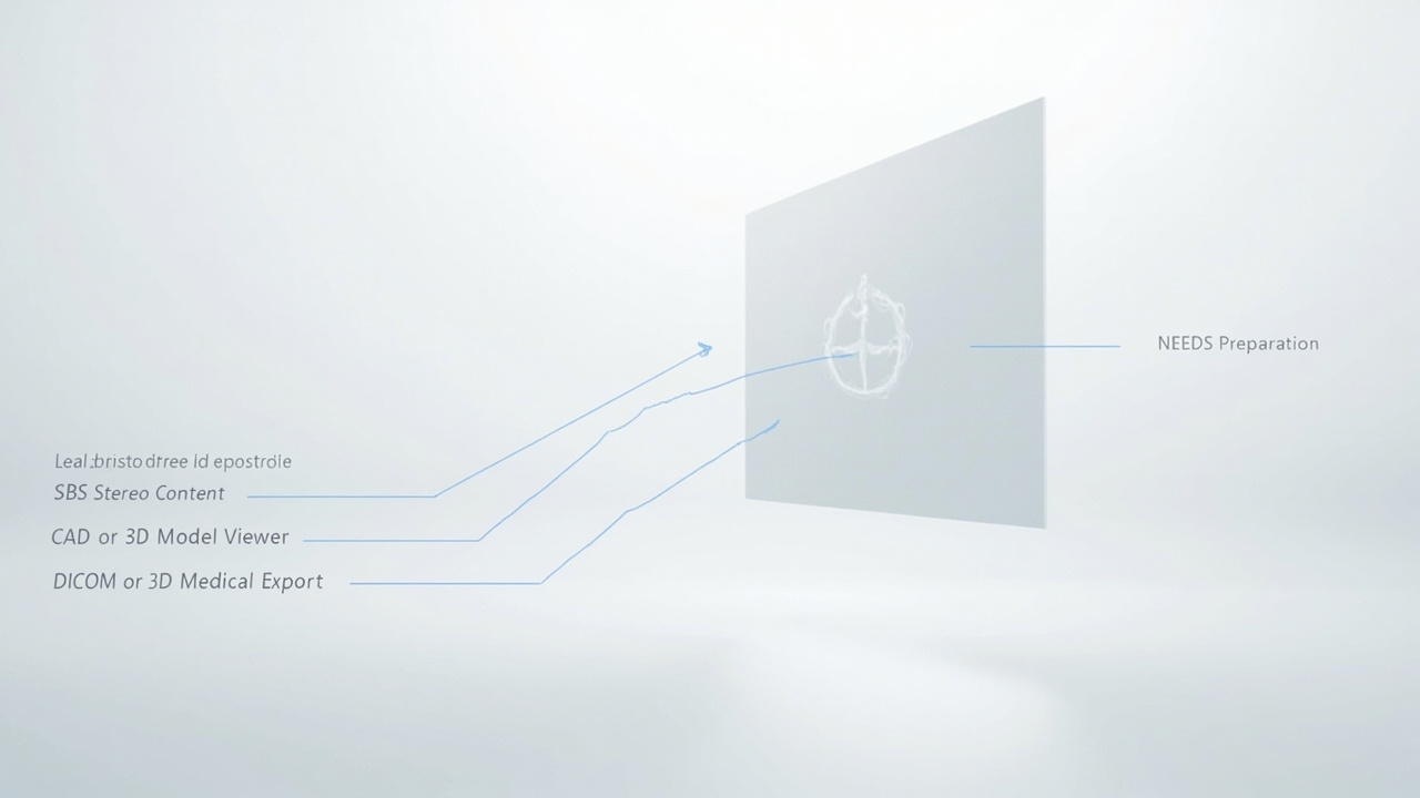 Diagram showing how SBS stereo content, CAD stereo output, and DICOM exports map to a 3D display screen