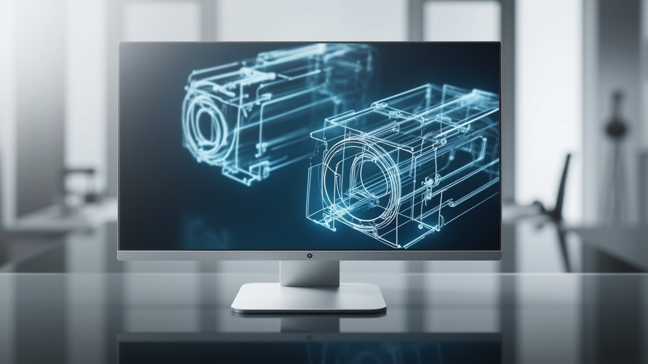 Glasses-free 3D display screen on a desk showing a depth-bearing review scene with a single tracked viewer