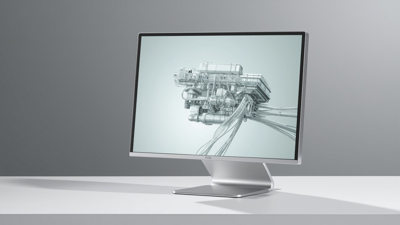 Glasses-free 3D display showing depth perception on a desk-mounted monitor