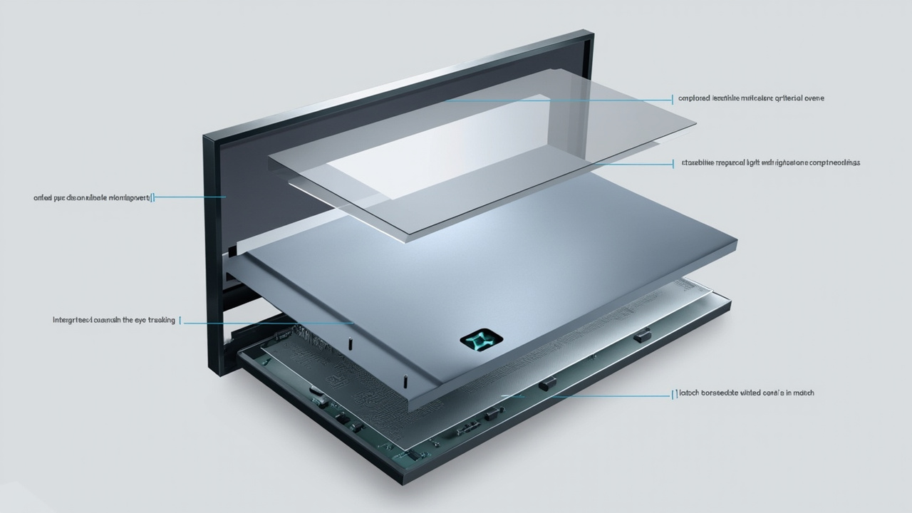 Annotated diagram of a 3D ready monitor's internal layers including LCD panel, microlens layer, and eye-tracking module
