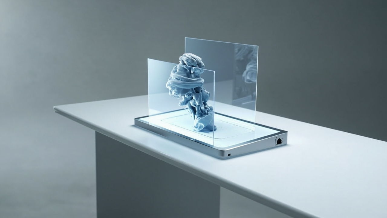 3DV glasses-free 3D spatial display showing depth without eyewear in a professional review setting