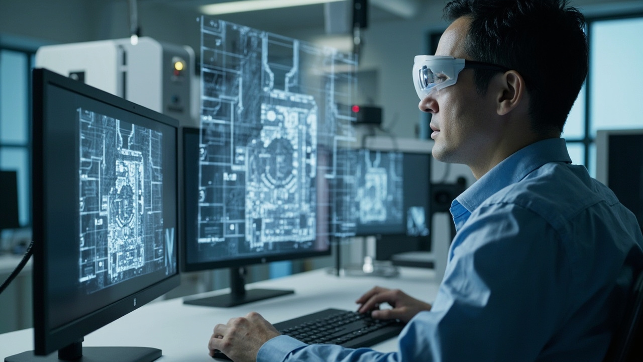 Electronics lab engineer reviewing a reconstructed X-ray volume on a glasses-free 3D spatial display