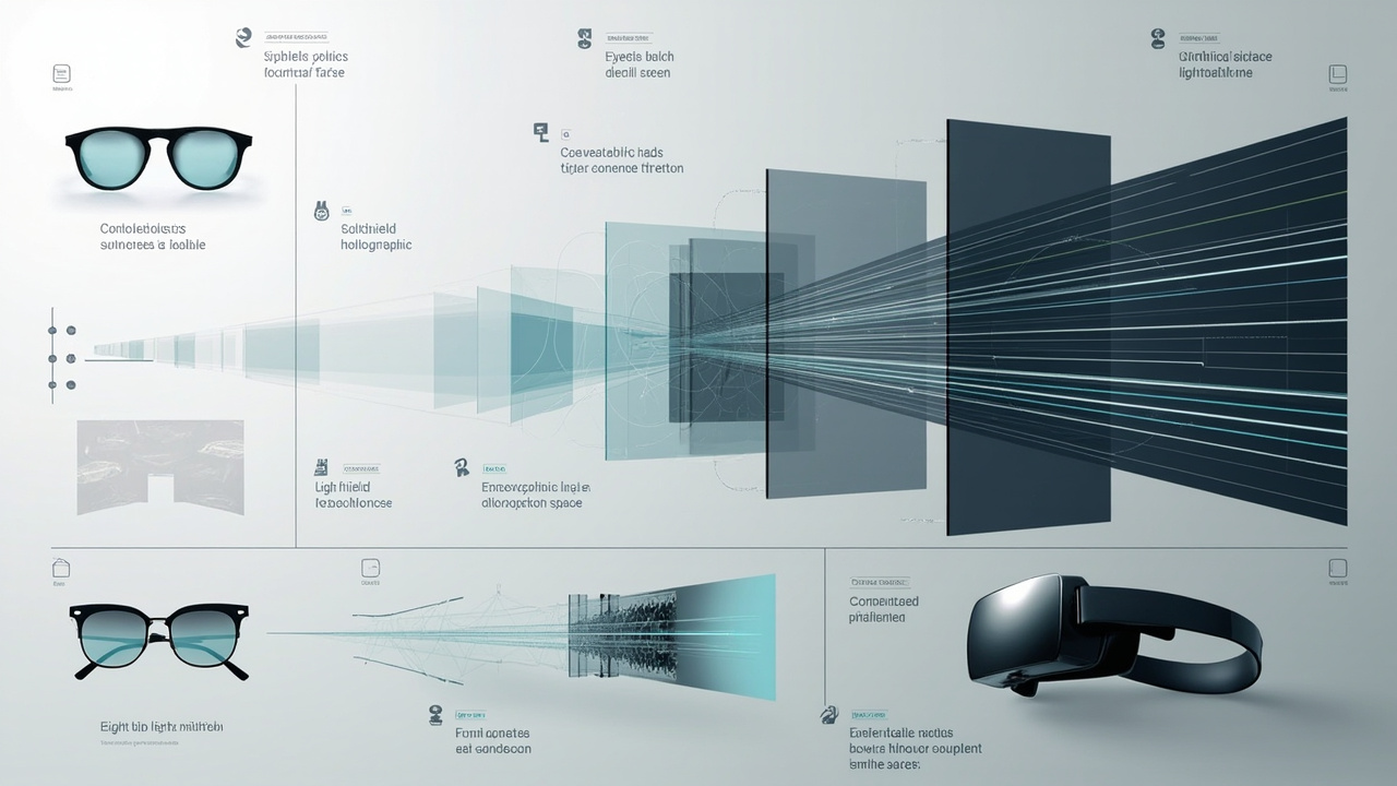 Diagram distinguishing stereoscopic, autostereoscopic, light-field, holographic, volumetric, and VR display approaches at a glance.