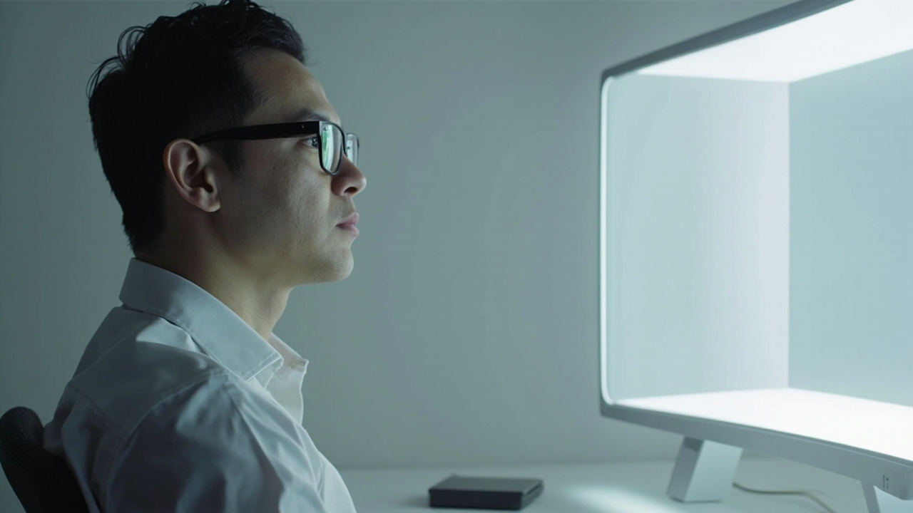 A reviewer with prescription glasses viewing a glasses-free 3D spatial display in a professional review room.