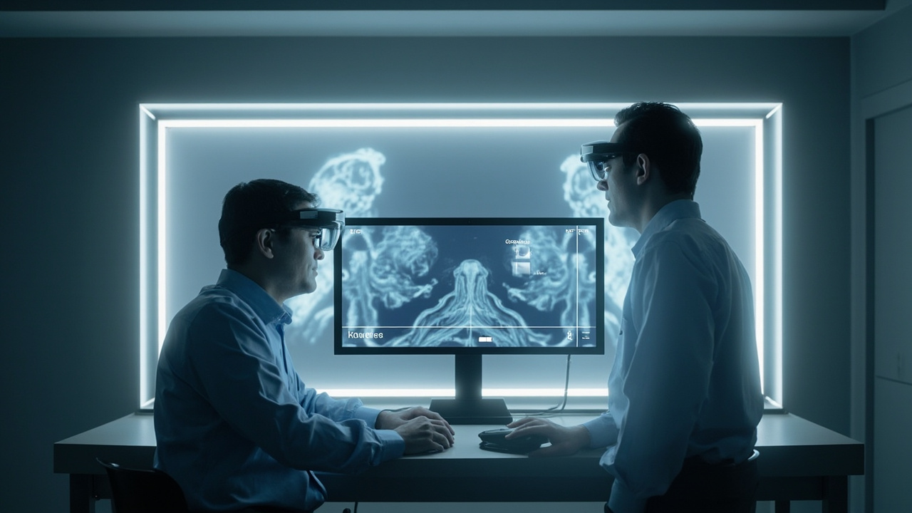 Two specialists taking turns at the same glasses-free 3D spatial display while keeping their own prescription glasses on.