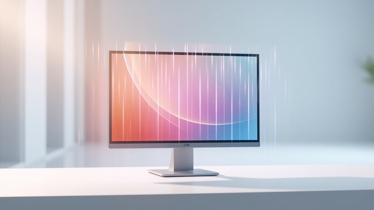 Front view of a 3DV Spatial Display panel with the lenticular optical layer visible above the LCD, viewed in a normal office setup.