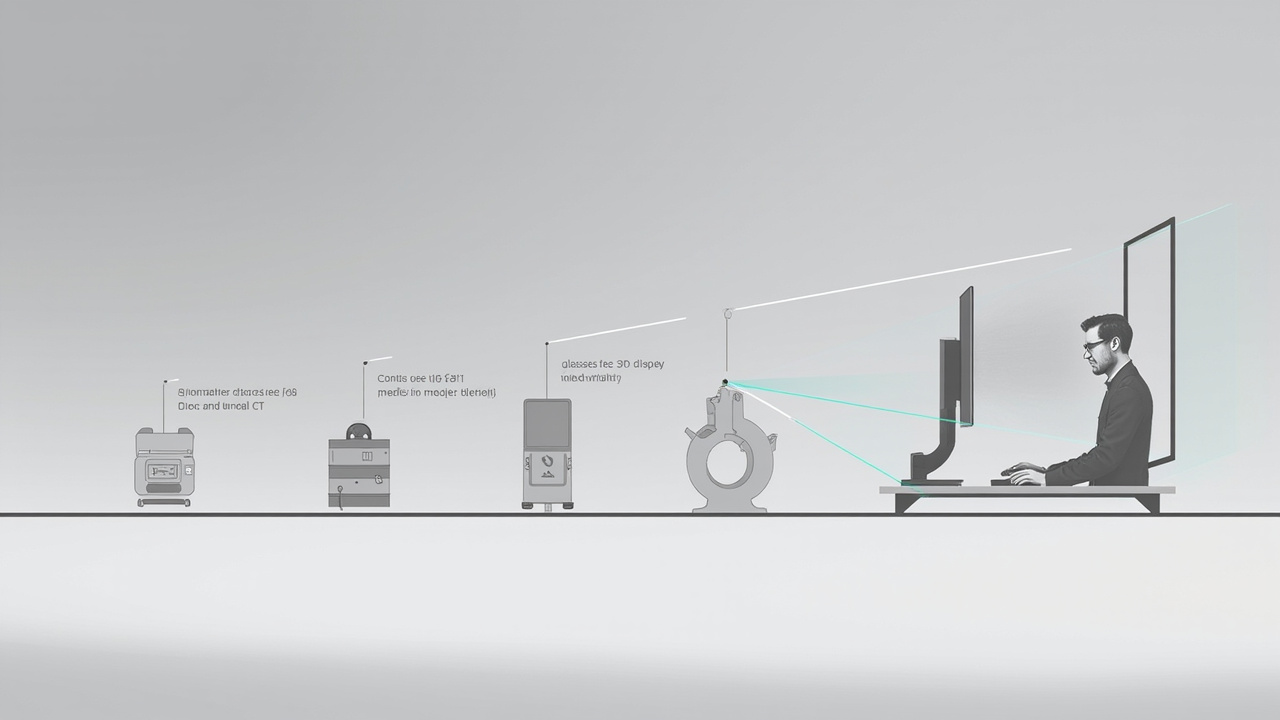 Workflow diagram showing stereo-ready content feeding a glasses-free 3D review setup