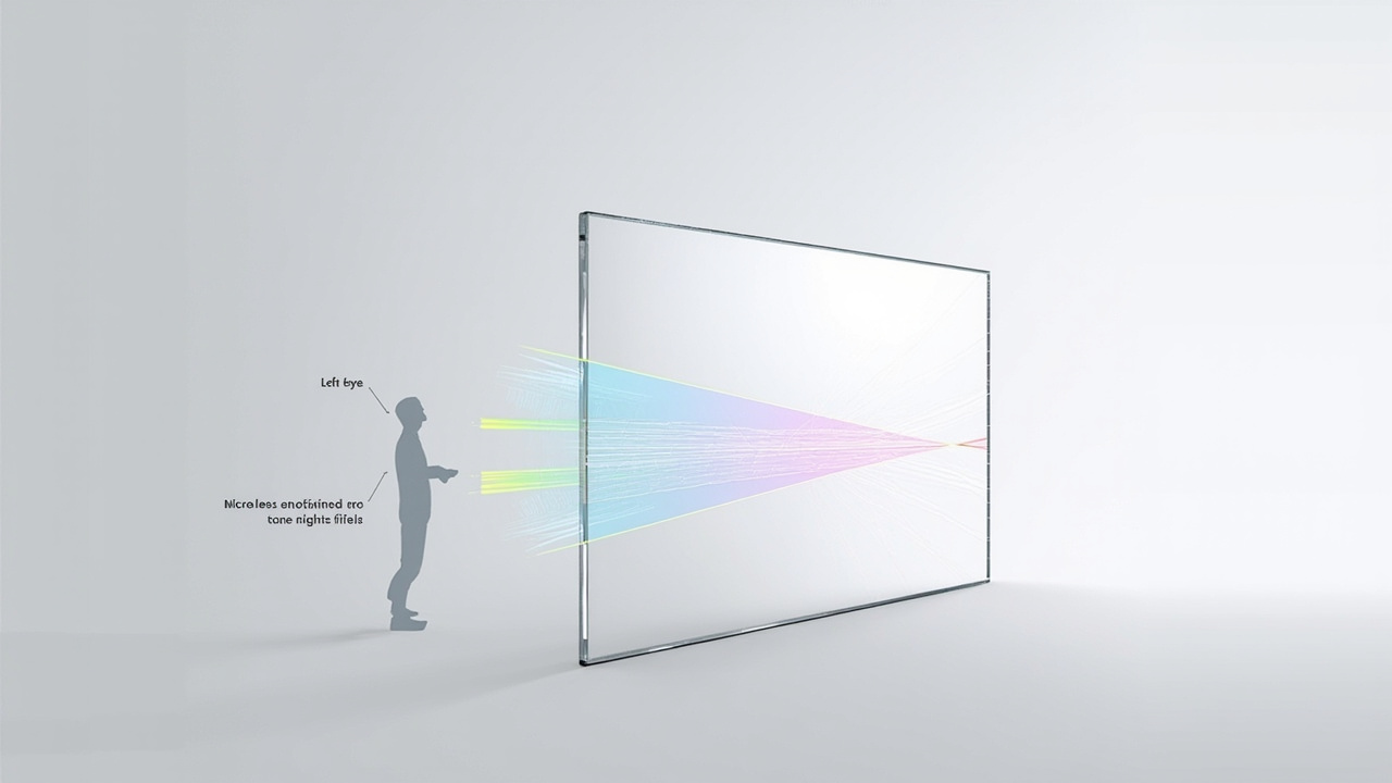 Diagram explaining how left-eye and right-eye views are delivered through an autostereoscopic optical layer
