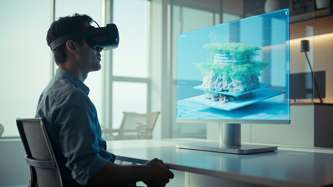 A glasses-free 3D spatial display on a desk showing a 3D model to a seated reviewer