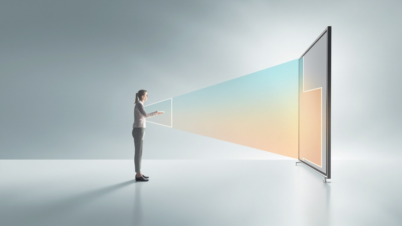 Diagram-style illustration showing a viewer, a display, and the left-eye and right-eye view paths that produce the naked-eye 3D effect.