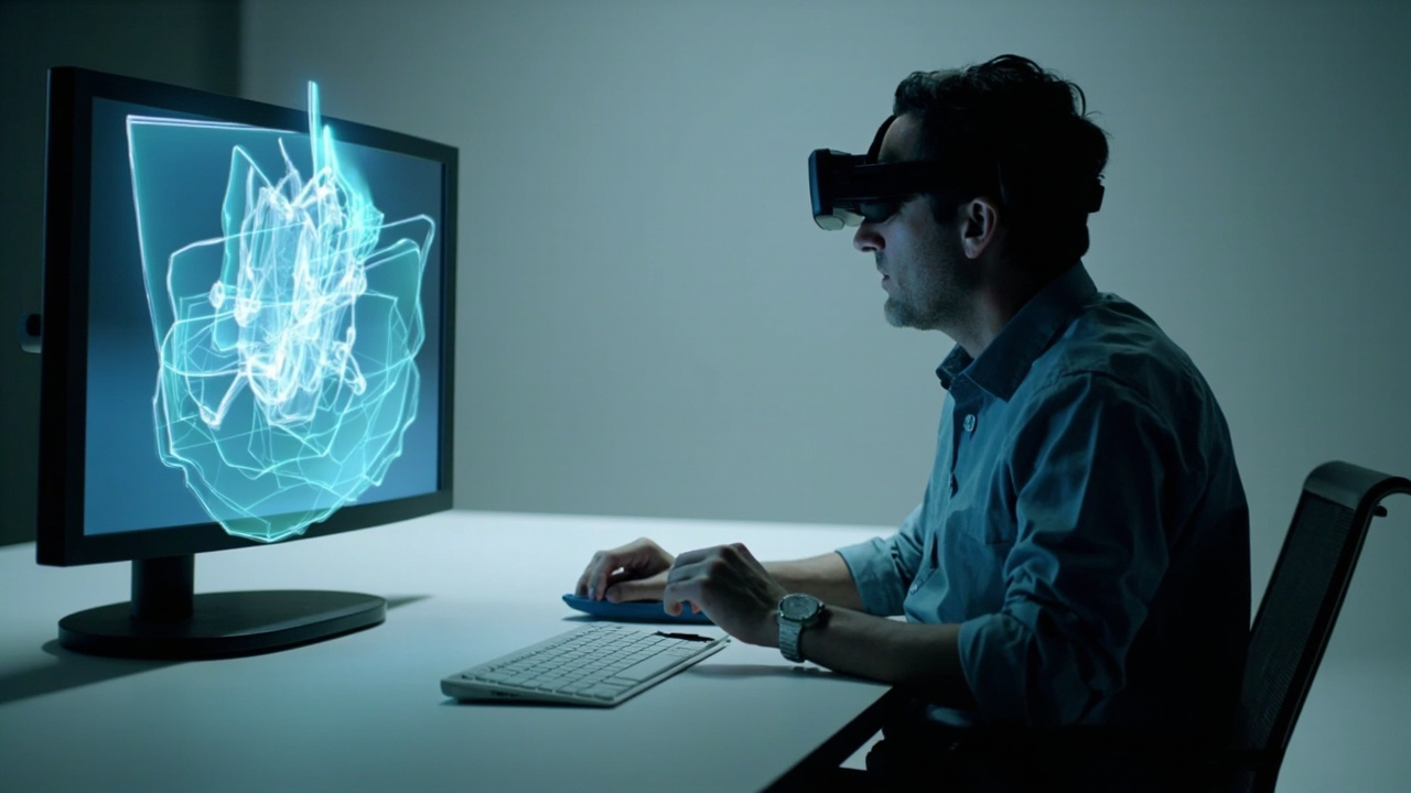 Reviewer seated at a naked-eye 3D Spatial Display in a professional review room, viewing a stereo 3D model without glasses or a headset.