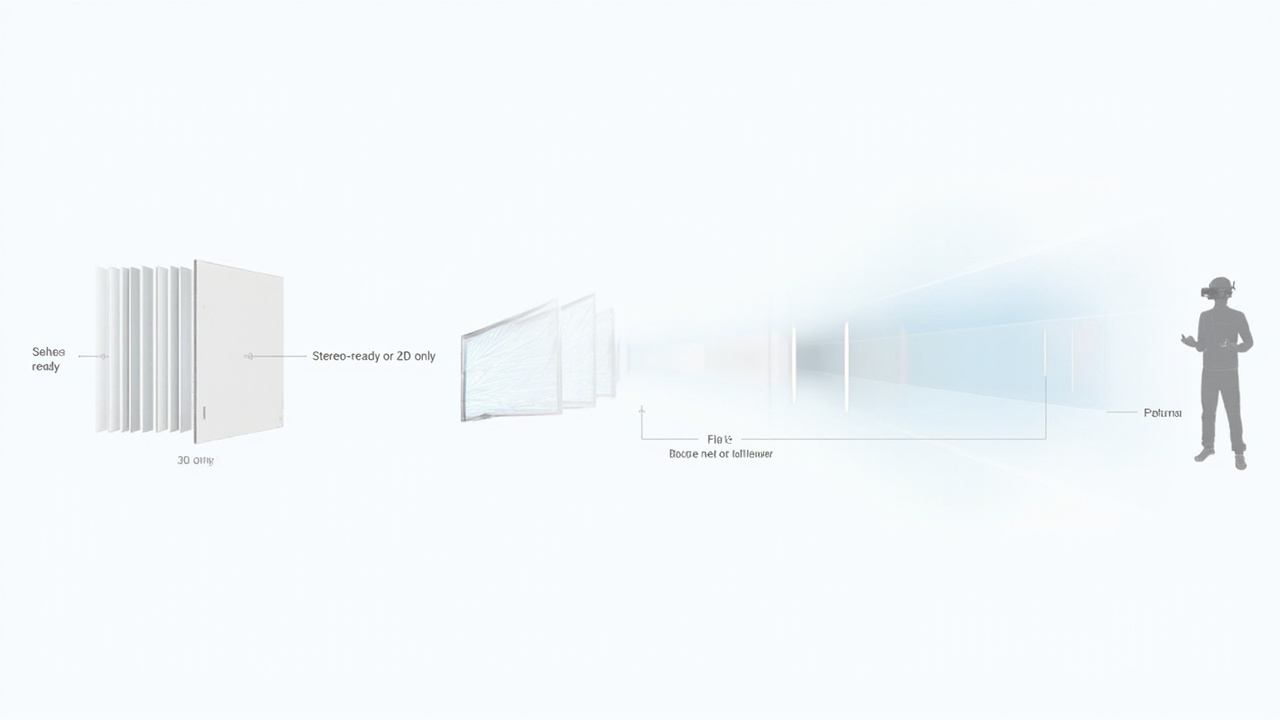 Workflow illustration showing source content types on the left, a naked-eye 3D display in the center, and viewer outcomes on the right, including 2D fallback.