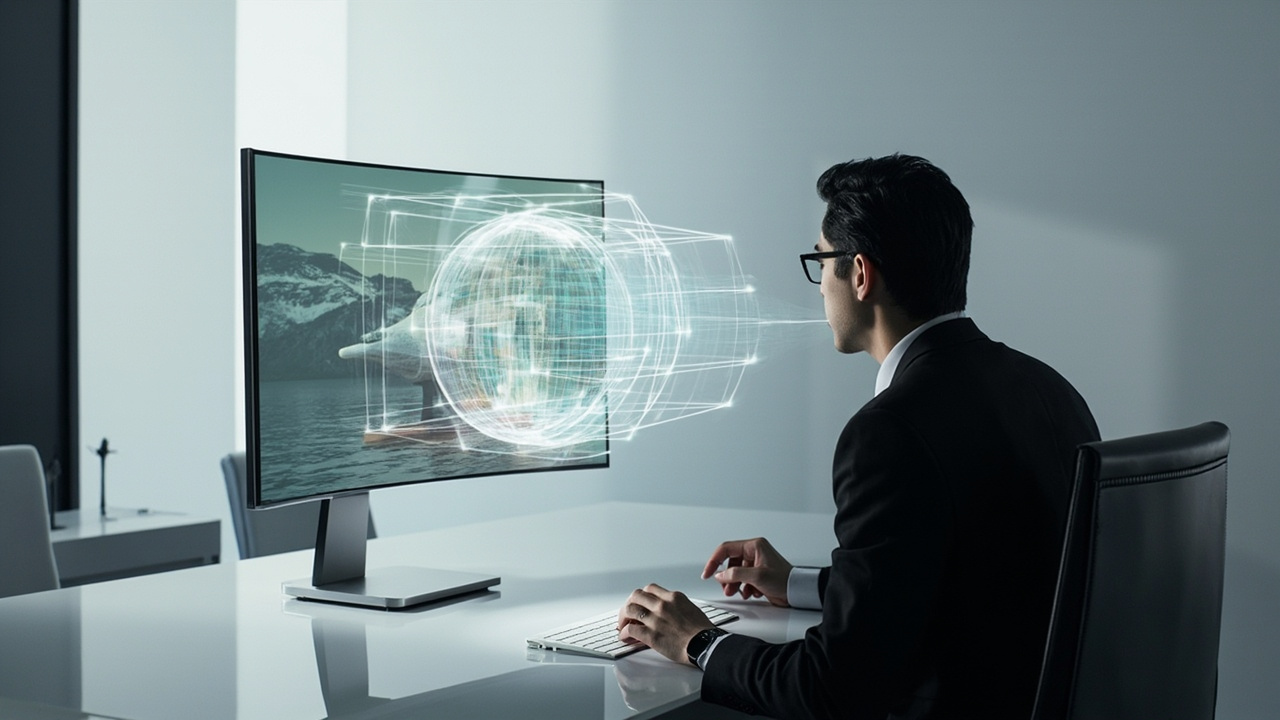 Glasses-free 3D spatial display on a desk showing depth without eyewear.