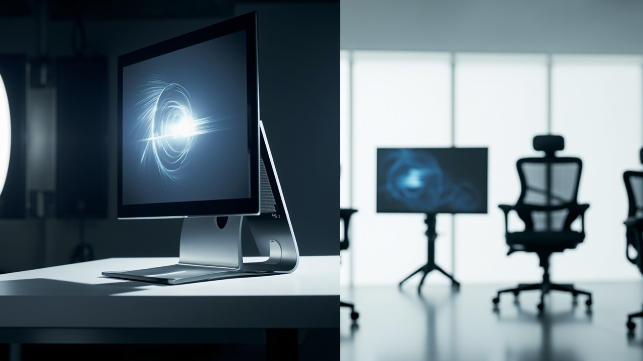 Comparison of Pro and Essential Spatial Display models in a professional review room.