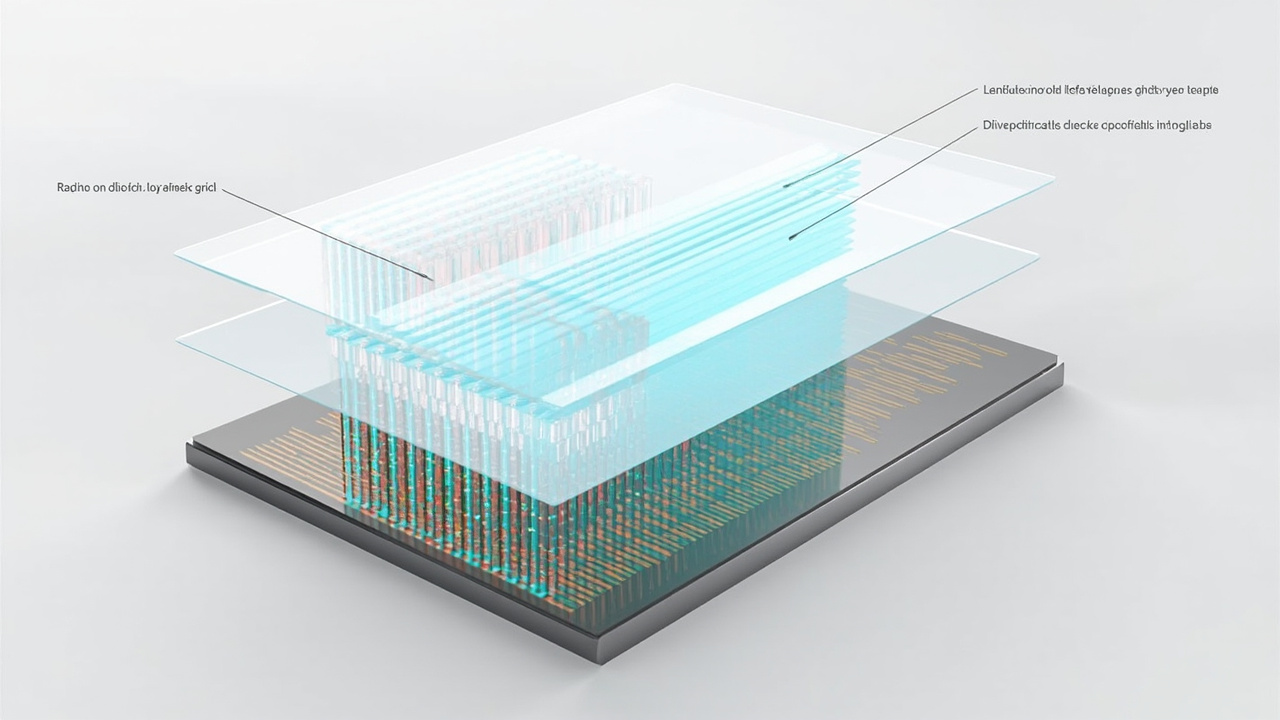 Cutaway diagram of an autostereoscopic panel showing the underlying LCD layer, the lenticular optical layer, and the left-eye and right-eye view directions toward a tracked viewer.
