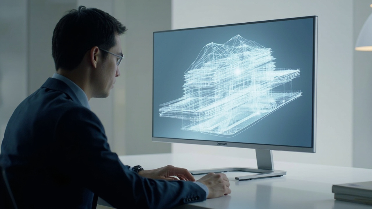 A professional sitting at a desk reviewing a 3D model on a glasses-free spatial 3D display, with depth visible without any headset or glasses.
