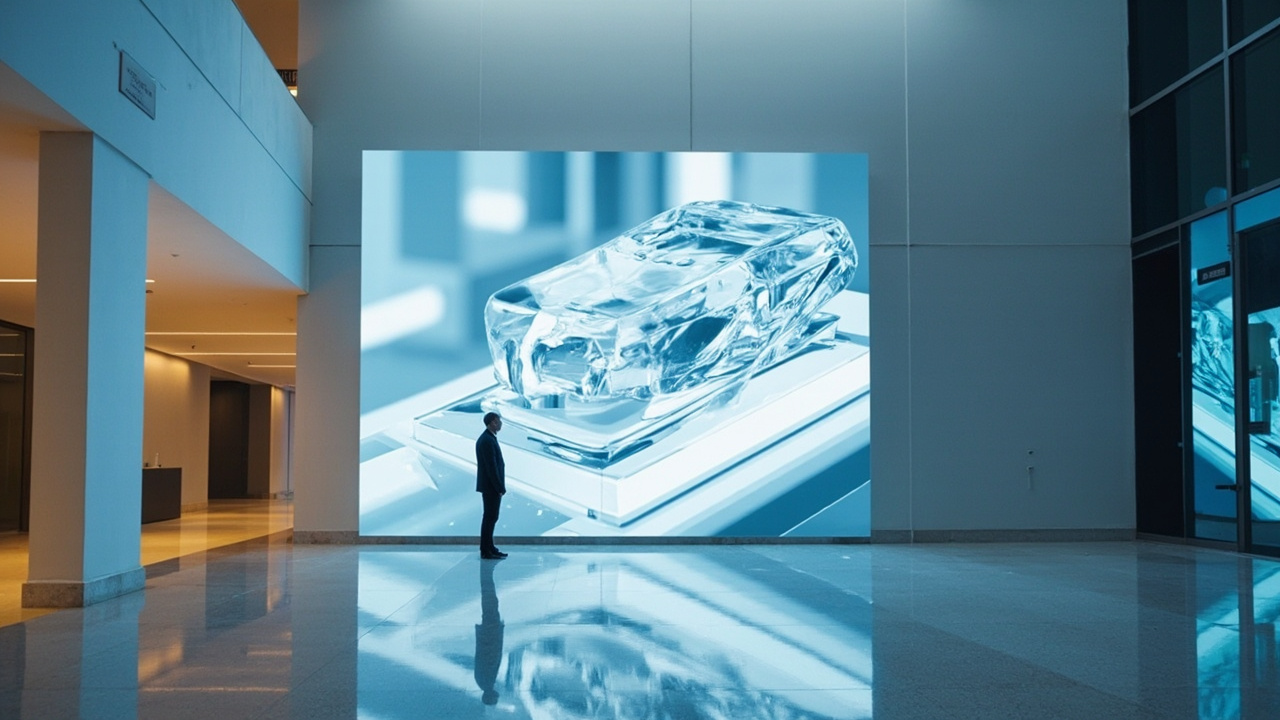 Large-format glasses-free 3D signage display showing a depth image to a walk-up viewer in a lobby or demo room.