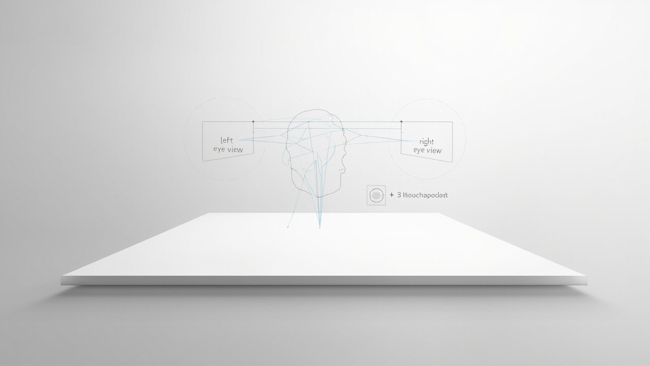 Conceptual diagram of stereoscopic 3D display showing left-eye and right-eye views fusing into a perceived depth image