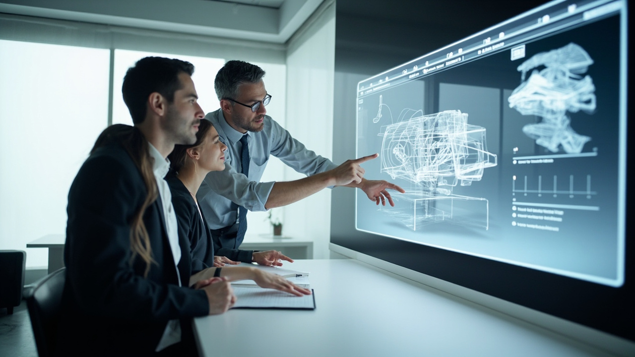 Workflow illustration showing a professional review team using a 3D display for CAD or medical visualization review
