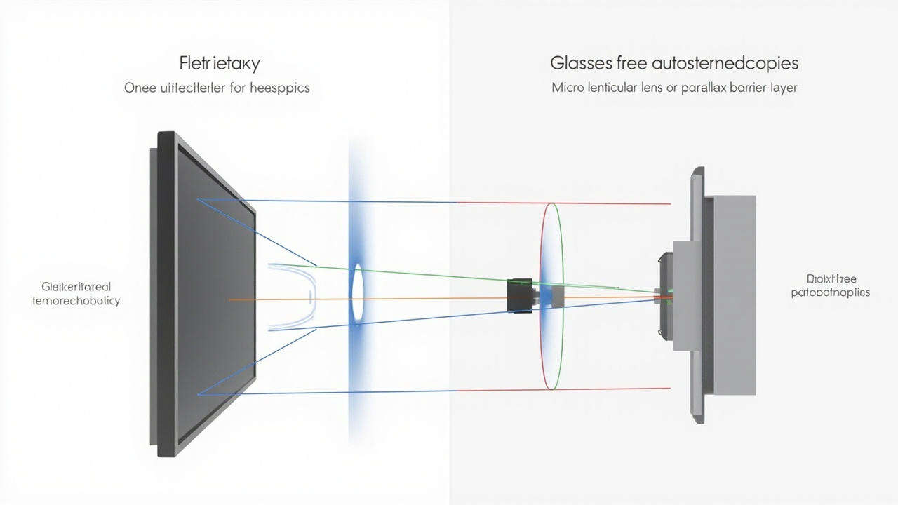 Diagram comparing glasses-based and glasses-free stereoscopic delivery paths.