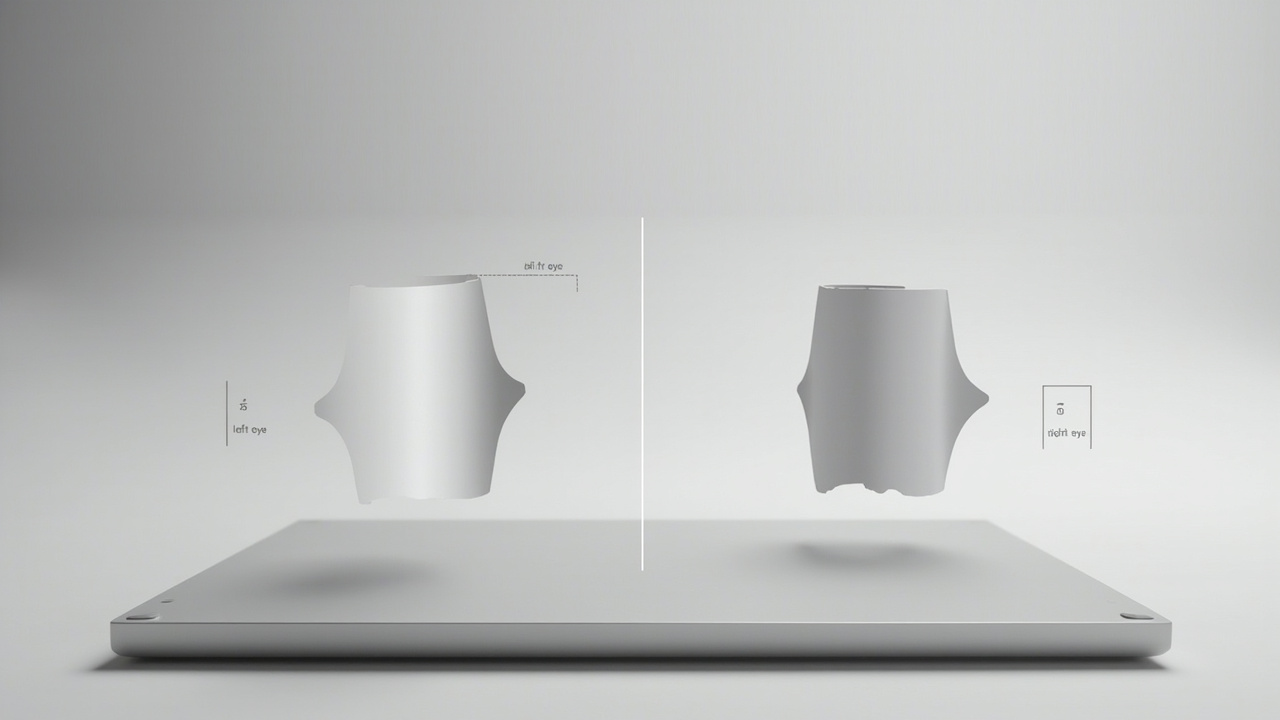 Conceptual illustration of left-eye and right-eye views merging into a single stereoscopic image on a professional display.