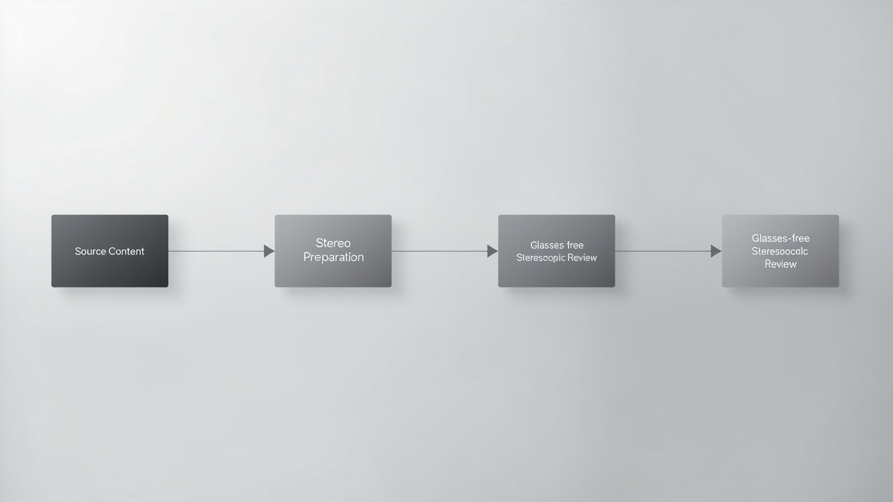 Workflow diagram showing source content, stereo preparation, and stereoscopic display review stages.