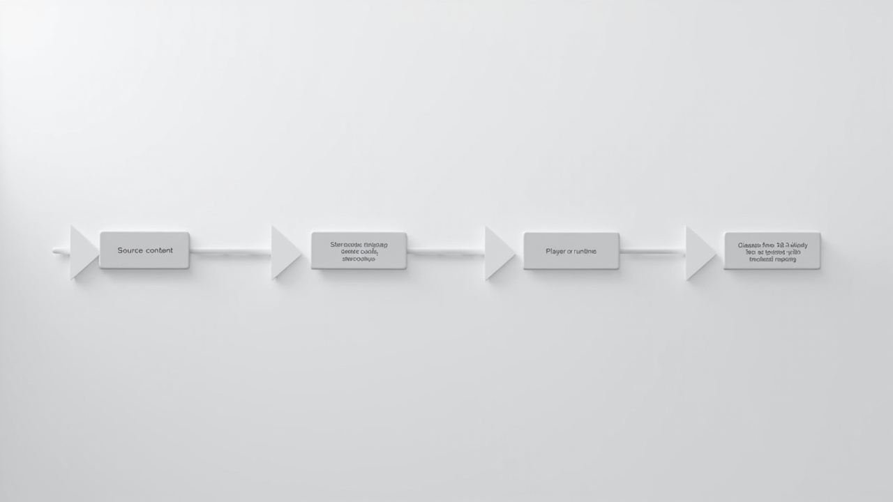 Diagram-style visual of a stereoscopic software pipeline: source content, stereo output, player, and glasses-free display mapping.