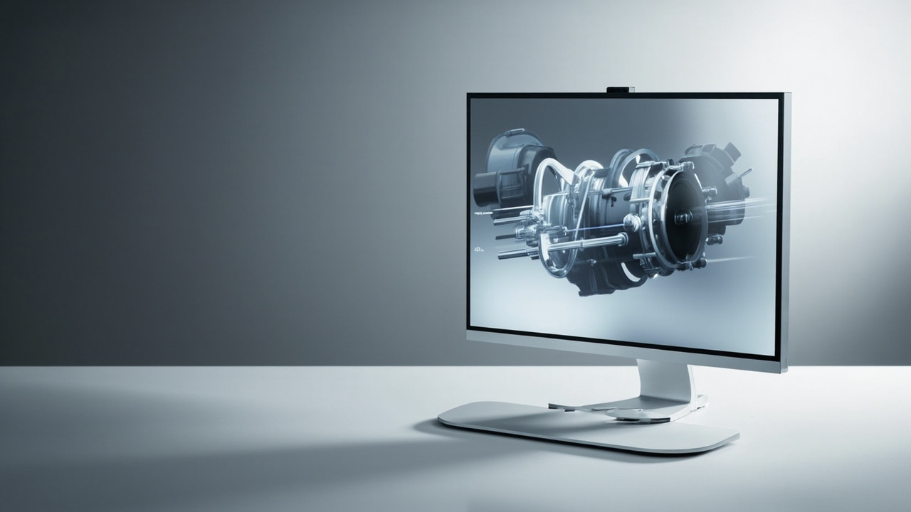 A glasses-free 3D spatial display showing a depth-rich CAD model, illustrating where stereoscopic display software delivers left and right views into the workflow.