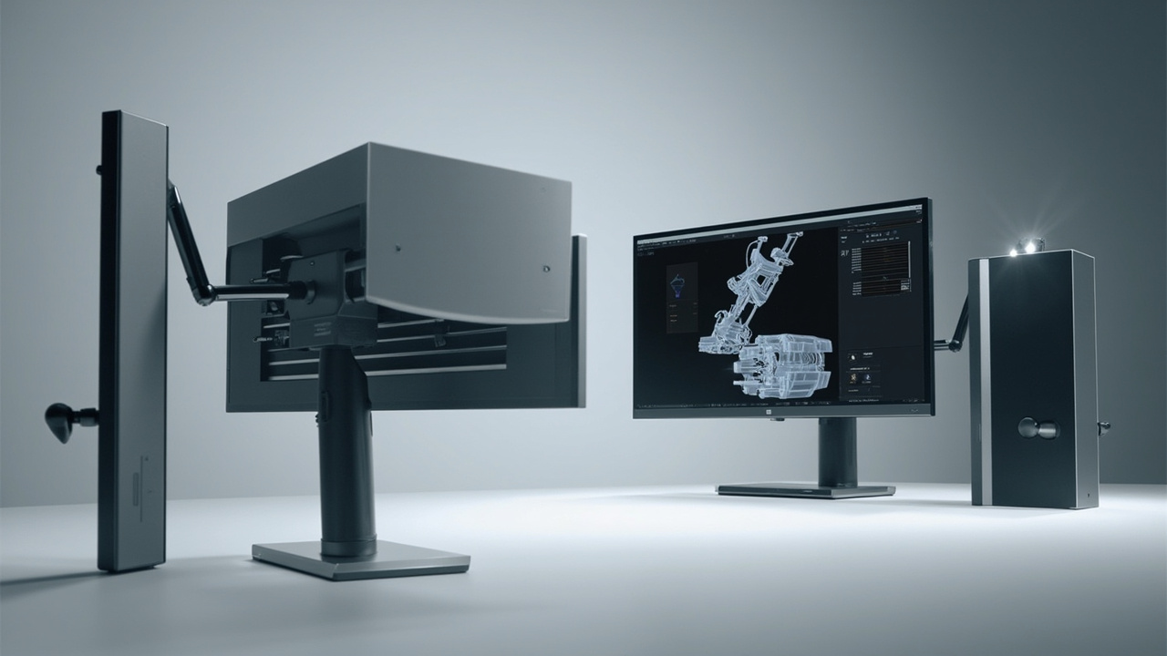 Workflow visual of a CAD or medical workflow producing side-by-side stereo frames for a glasses-free 3D review setup.