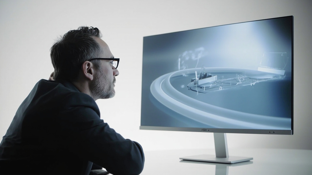 Professional reviewer at a desk evaluating a stereo pair on a 3DV Spatial Display without glasses