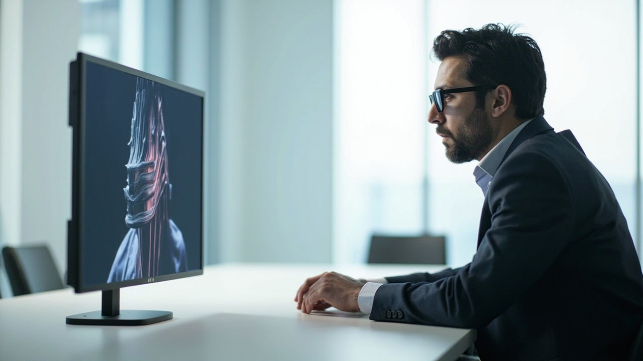 A professional reviewing 3D content on a glasses-free stereoscopic spatial display in a meeting room.