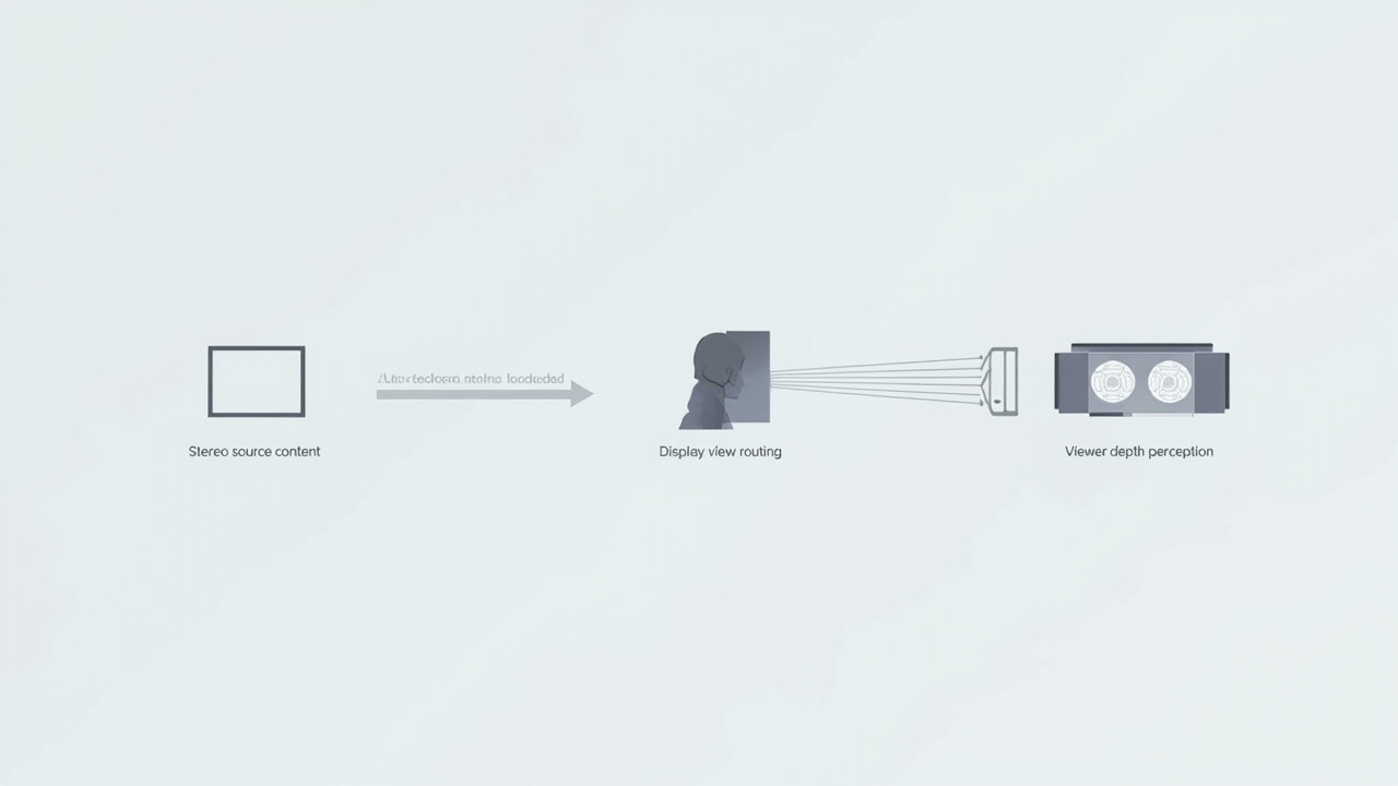 Workflow illustration showing stereo content flowing through source, display, and viewer for a professional review use case.