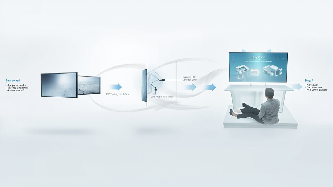 Workflow showing stereo source content being routed through a 3DV spatial display for review
