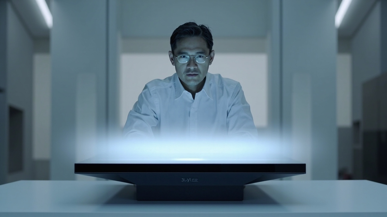 Editorial-style rendering of a glasses-free 3D spatial display on a professional review desk, with one viewer seated in the optimal viewing zone