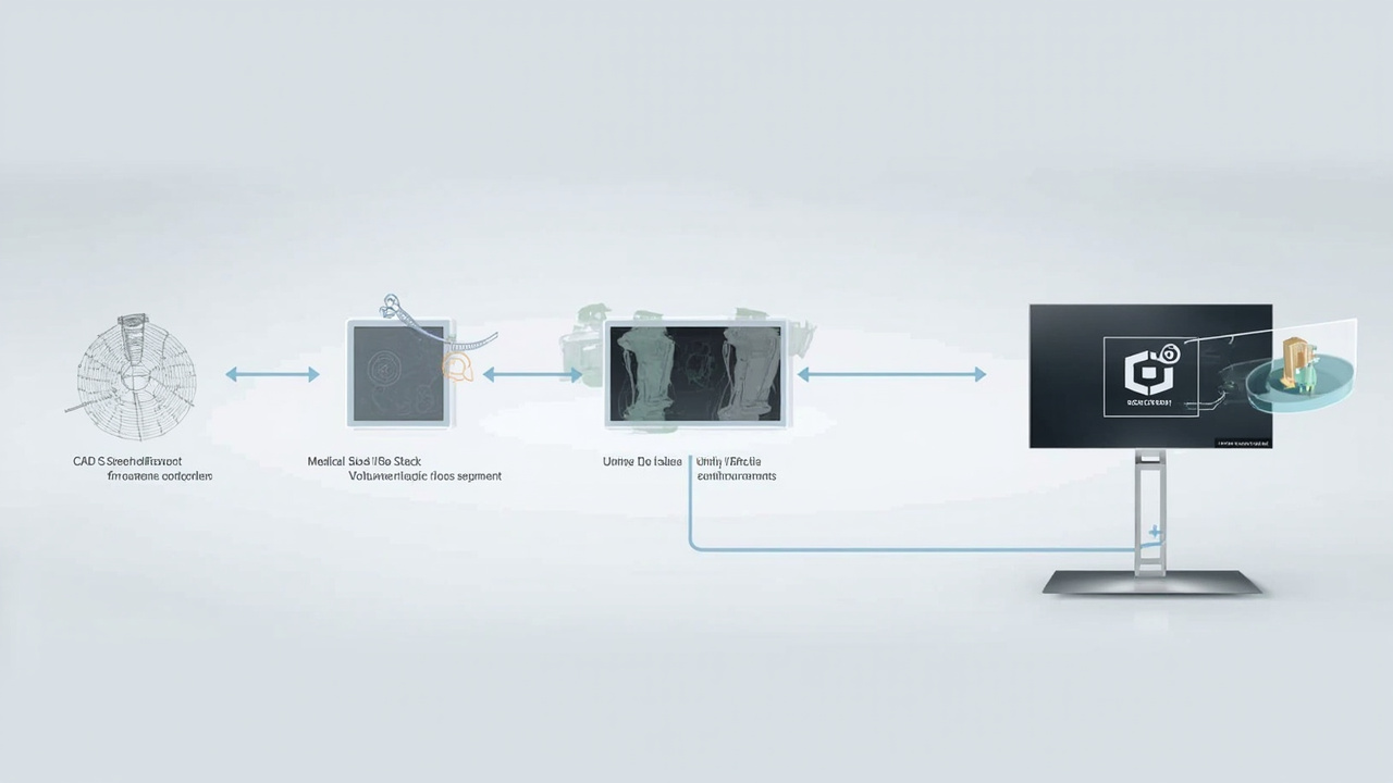 Workflow illustration showing 3D-ready content sources feeding into a spatial 3D display review station