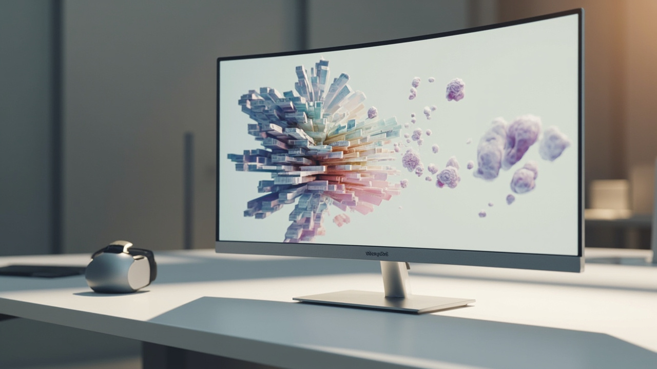 A glasses-free 3D spatial display on a review desk showing depth perception without a headset.