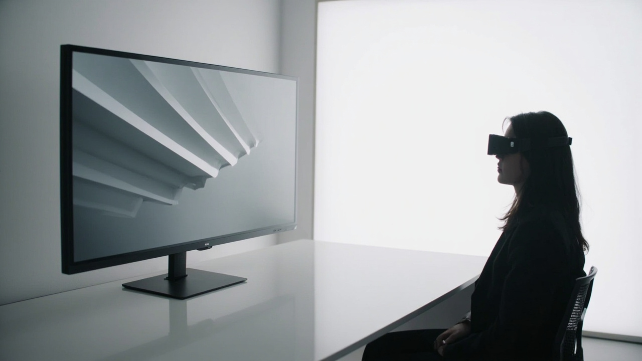 Glasses-free 3D monitor on a desk with a viewer experiencing depth without eyewear